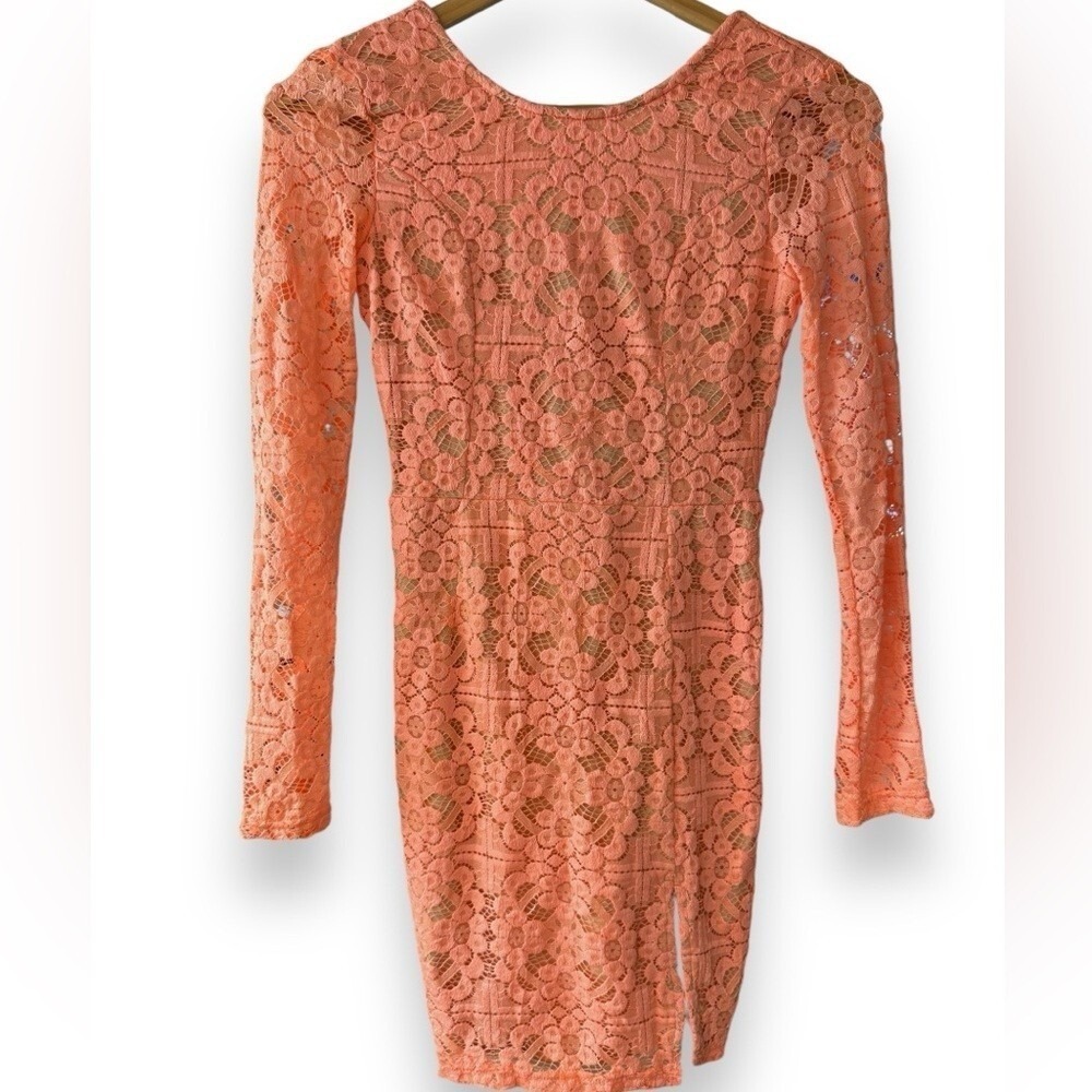 Hello Molly Coral Lace Long Sleeve Bodycon Dress